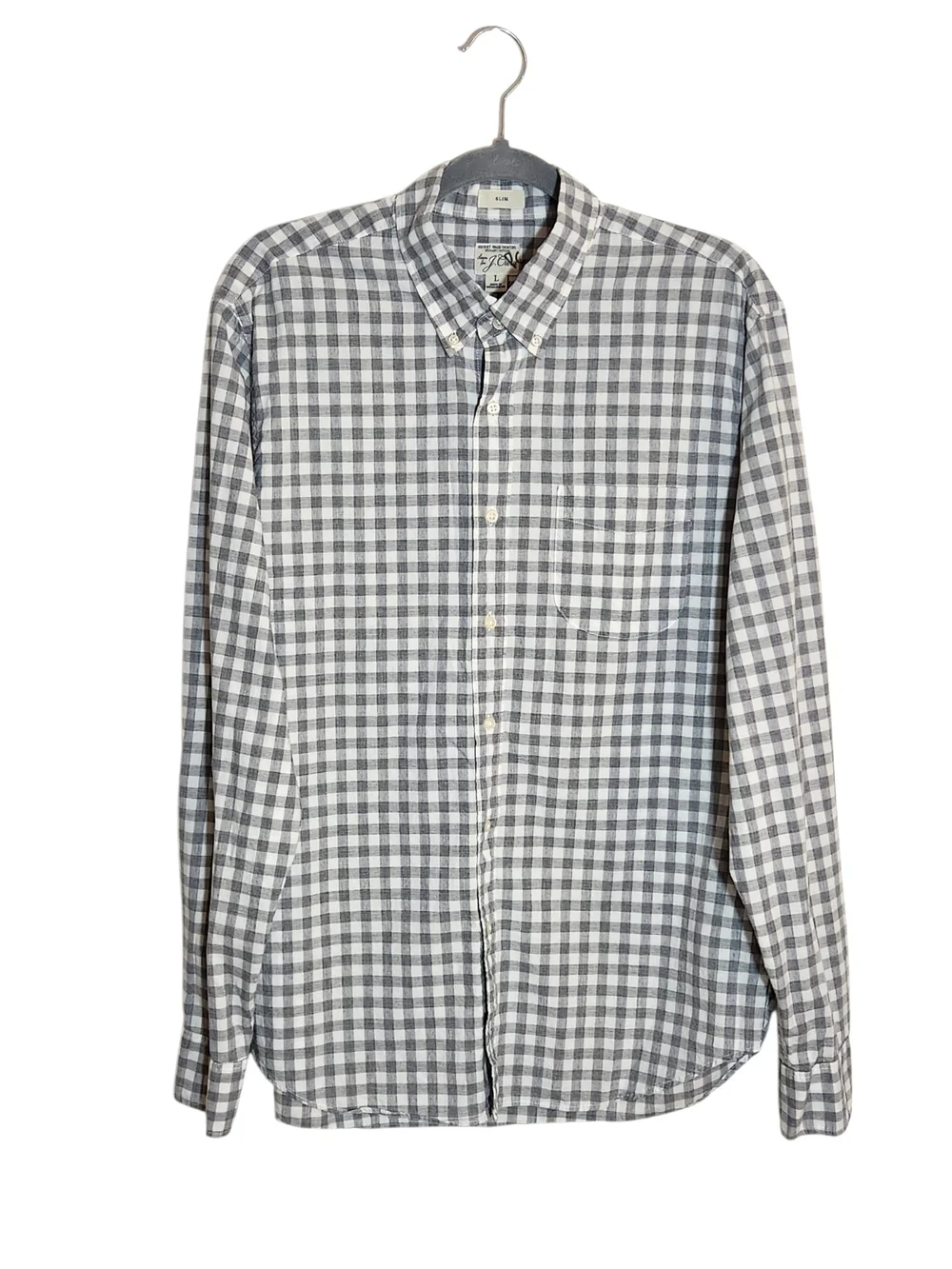 J. Crew Gray and White Gingham Check Button Down Shirt Size Large